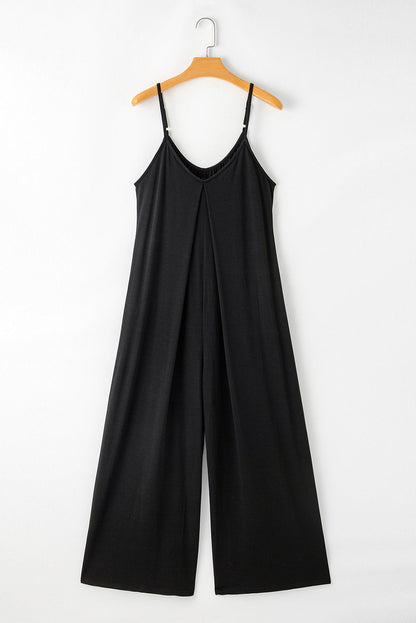 Black Spaghetti Straps Backless Wide Leg Jumpsuit - Vesteeto