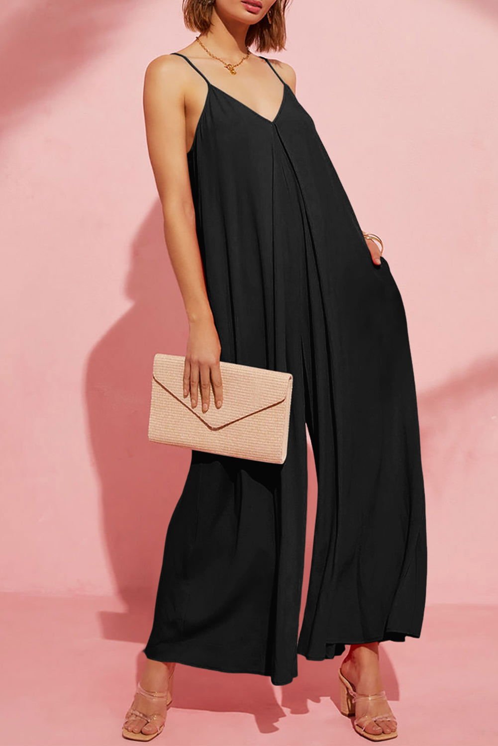 Black Spaghetti Straps Backless Wide Leg Jumpsuit - Vesteeto