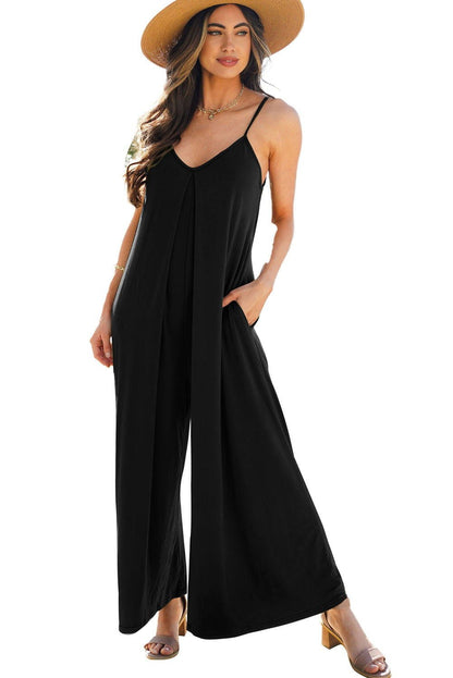 Black Spaghetti Straps Backless Wide Leg Jumpsuit - Vesteeto