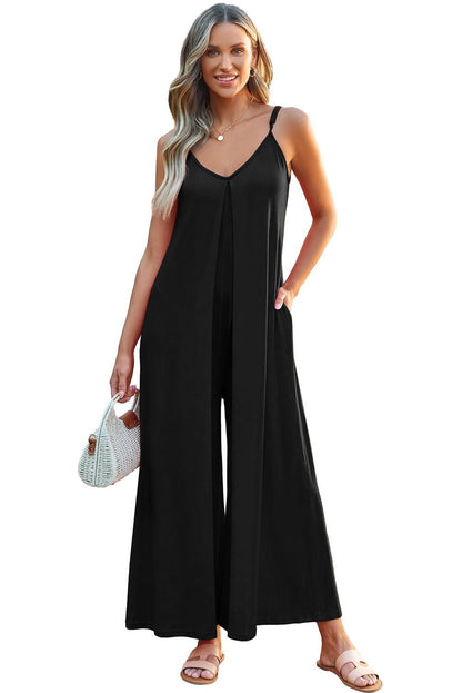 Black Spaghetti Straps Backless Wide Leg Jumpsuit - Vesteeto