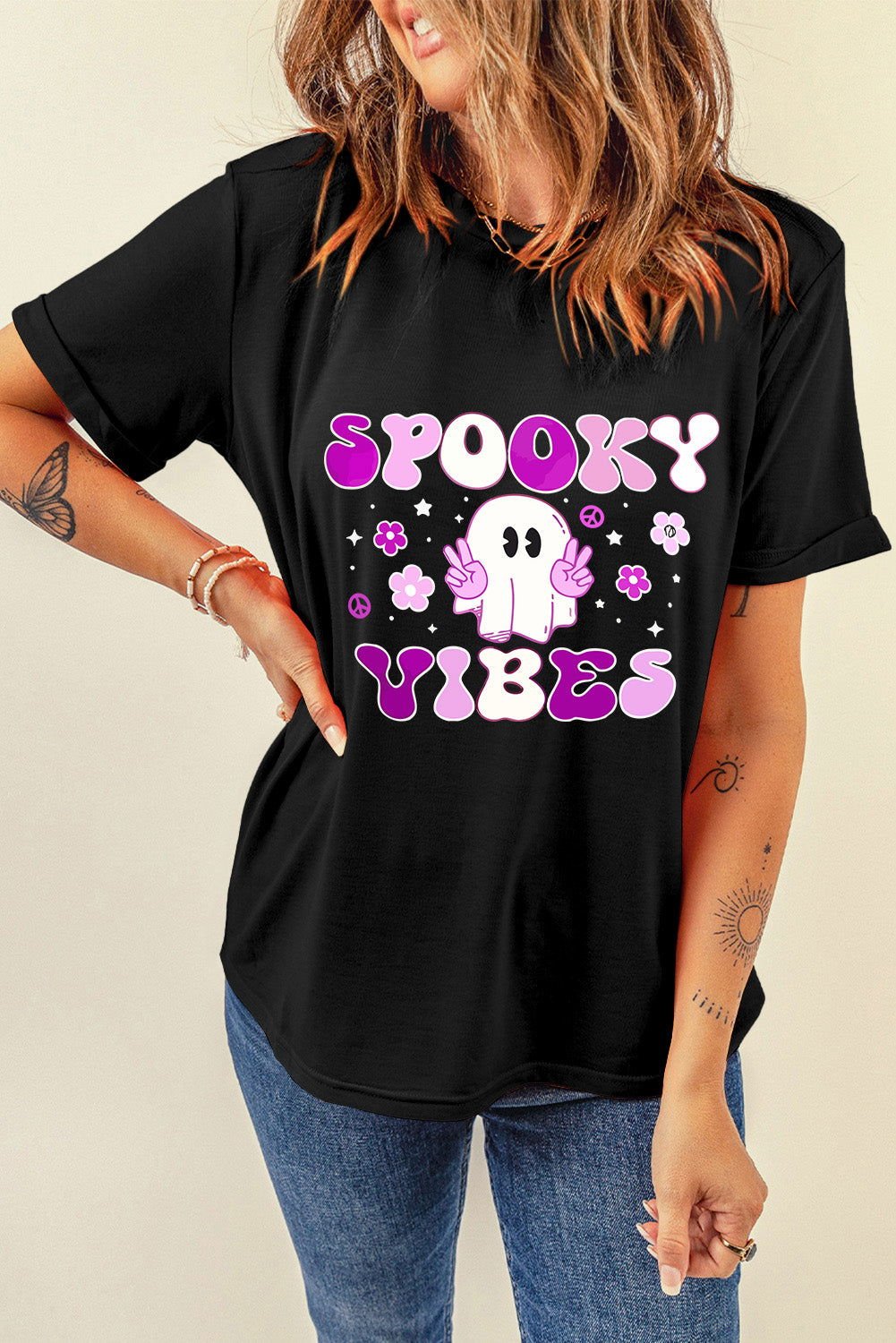 Black SPOOKY VIBES Ghost Flower Graphic Crew Neck T Shirt - Vesteeto