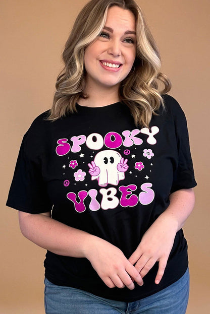 Black SPOOKY VIBES Ghost Flower Graphic Crew Neck T Shirt - Vesteeto