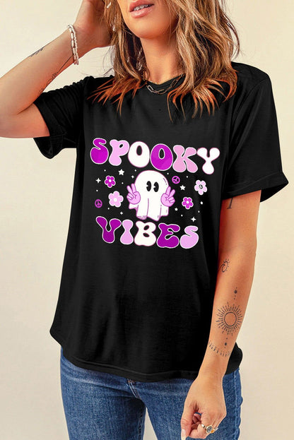 Black SPOOKY VIBES Ghost Flower Graphic Crew Neck T Shirt - Vesteeto