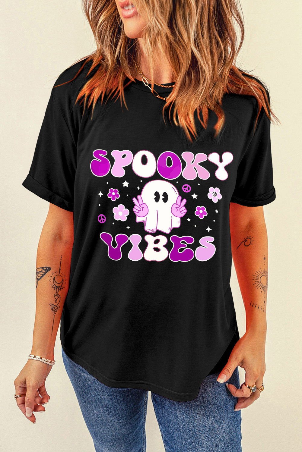 Black SPOOKY VIBES Ghost Flower Graphic Crew Neck T Shirt - Vesteeto