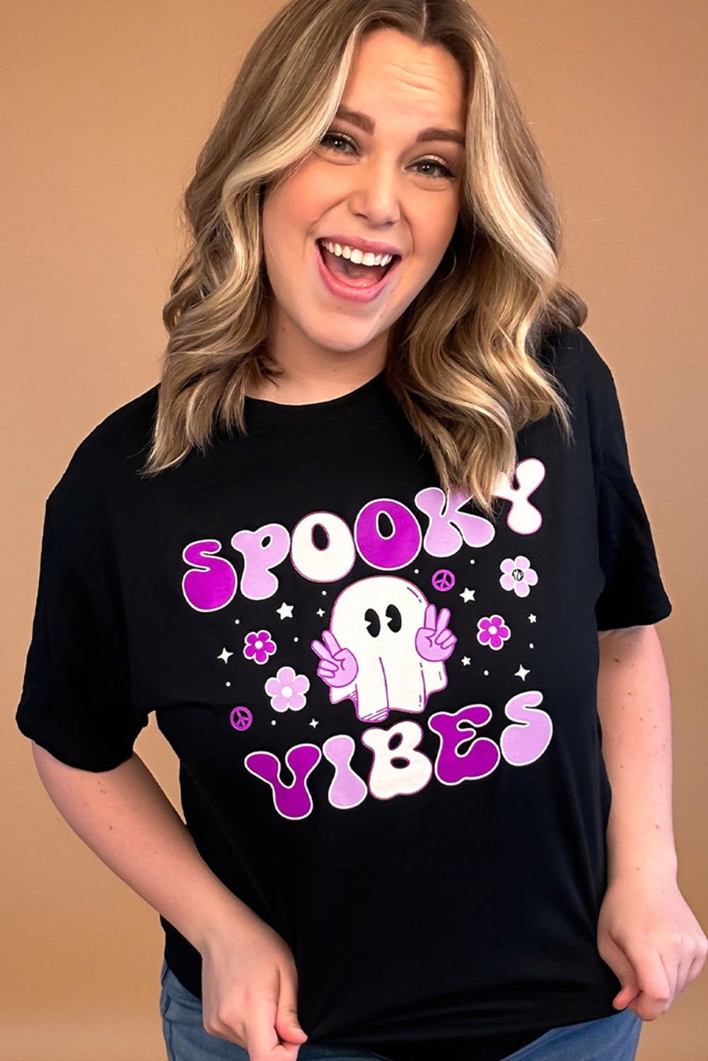 Black SPOOKY VIBES Ghost Flower Graphic Crew Neck T Shirt - Vesteeto