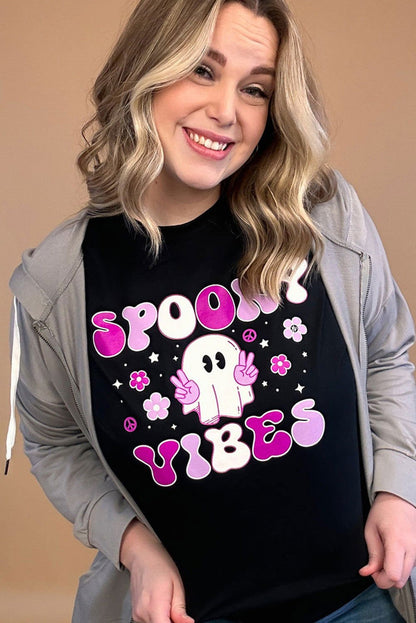 Black SPOOKY VIBES Ghost Flower Graphic Crew Neck T Shirt - Vesteeto