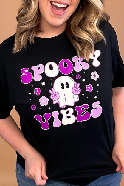 Black SPOOKY VIBES Ghost Flower Graphic Crew Neck T Shirt - Vesteeto