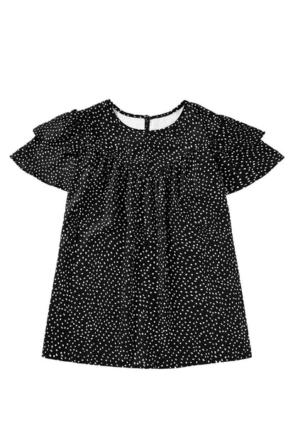 Black Spotted Print Pleated Ruffle Sleeve Blouse - Vesteeto