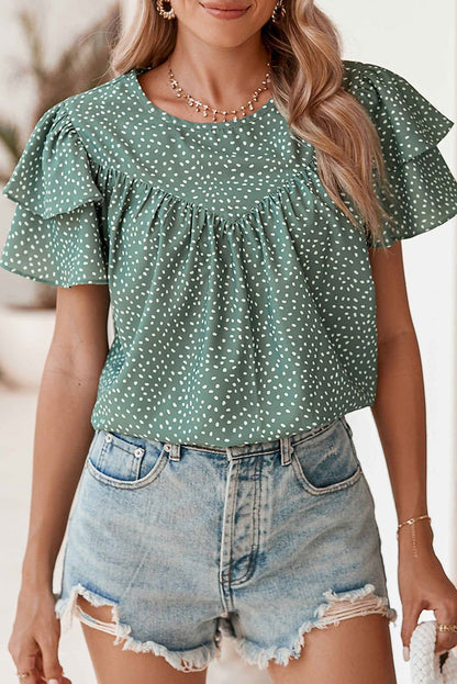 Black Spotted Print Pleated Ruffle Sleeve Blouse - Vesteeto