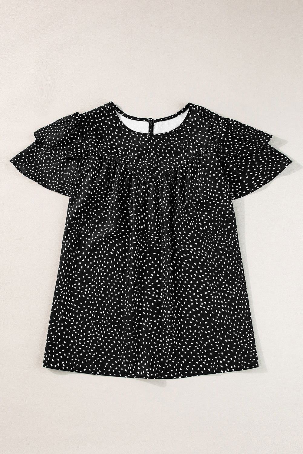 Black Spotted Print Pleated Ruffle Sleeve Blouse - Vesteeto