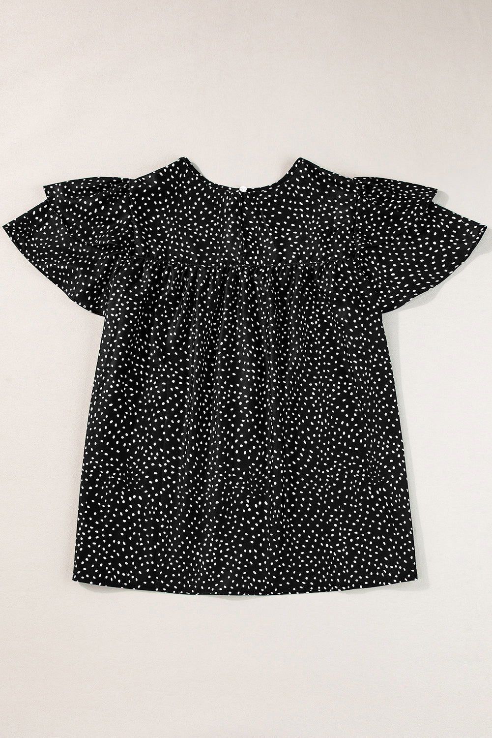 Black Spotted Print Pleated Ruffle Sleeve Blouse - Vesteeto