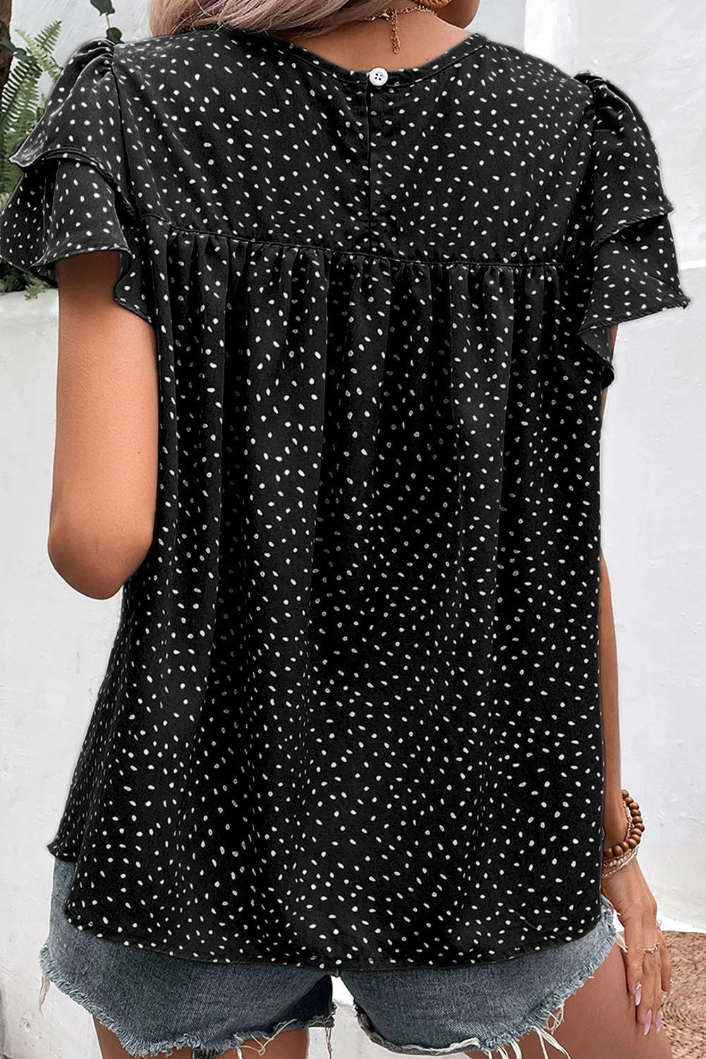 Black Spotted Print Pleated Ruffle Sleeve Blouse - Vesteeto