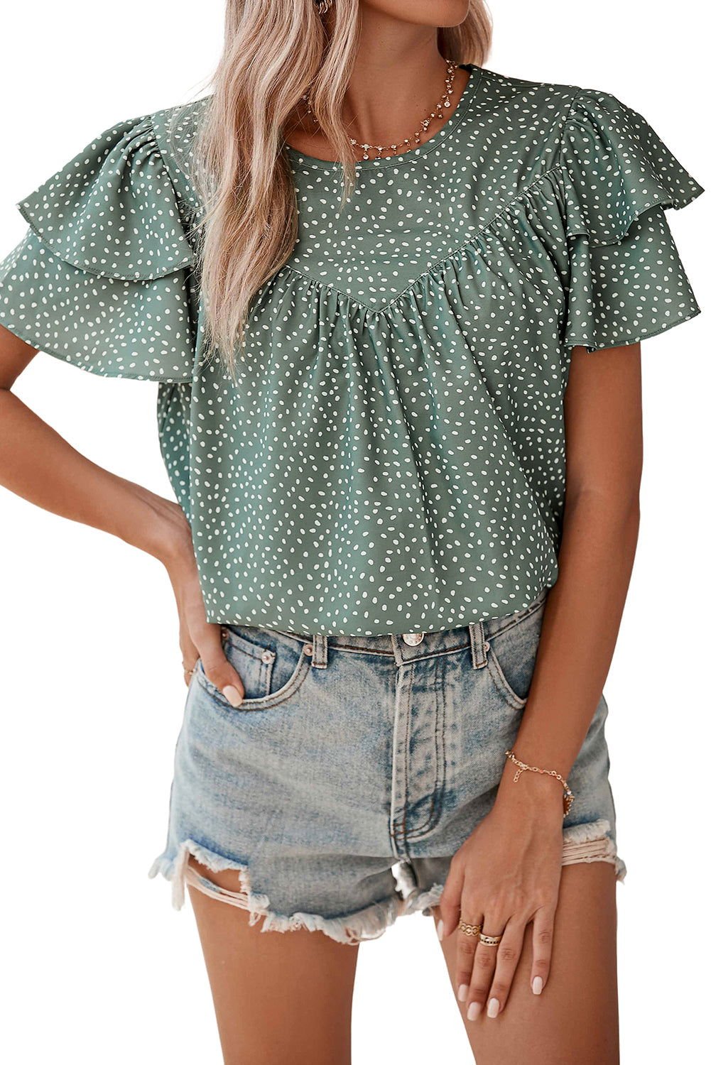 Black Spotted Print Pleated Ruffle Sleeve Blouse - Vesteeto