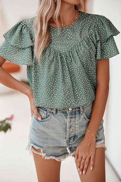 Black Spotted Print Pleated Ruffle Sleeve Blouse - Vesteeto