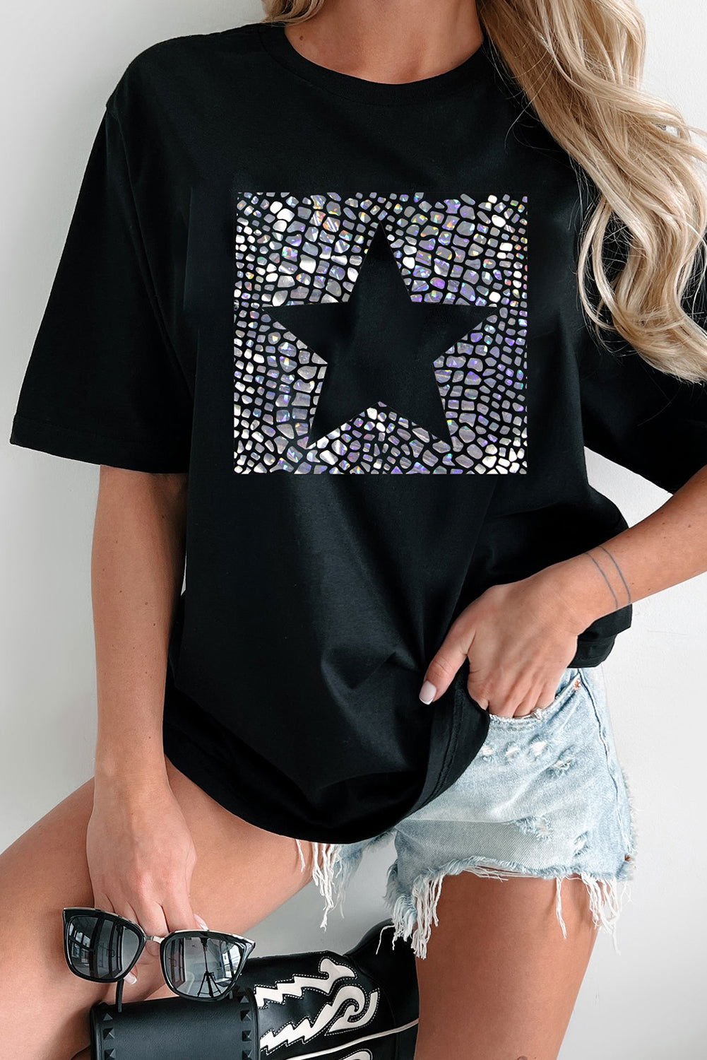 Black Star Marble Glitter Graphic Crew Neck T Shirt - Vesteeto