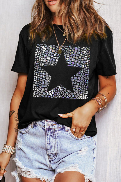 Black Star Marble Glitter Graphic Crew Neck T Shirt - Vesteeto