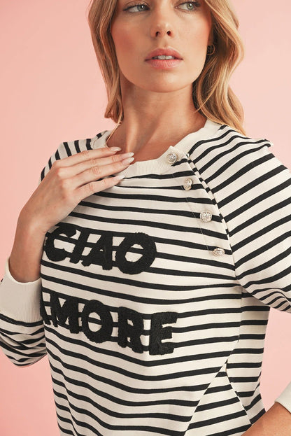 Black Stripe CIAO AMORE Graphic Buttoned Sweatshirt - Vesteeto