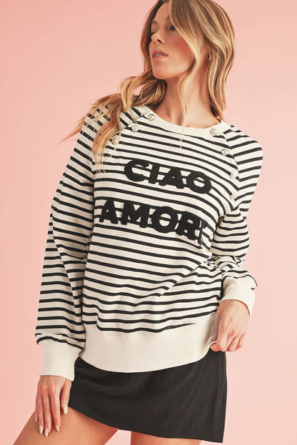 Black Stripe CIAO AMORE Graphic Buttoned Sweatshirt - Vesteeto