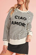 Black Stripe CIAO AMORE Graphic Buttoned Sweatshirt - Vesteeto