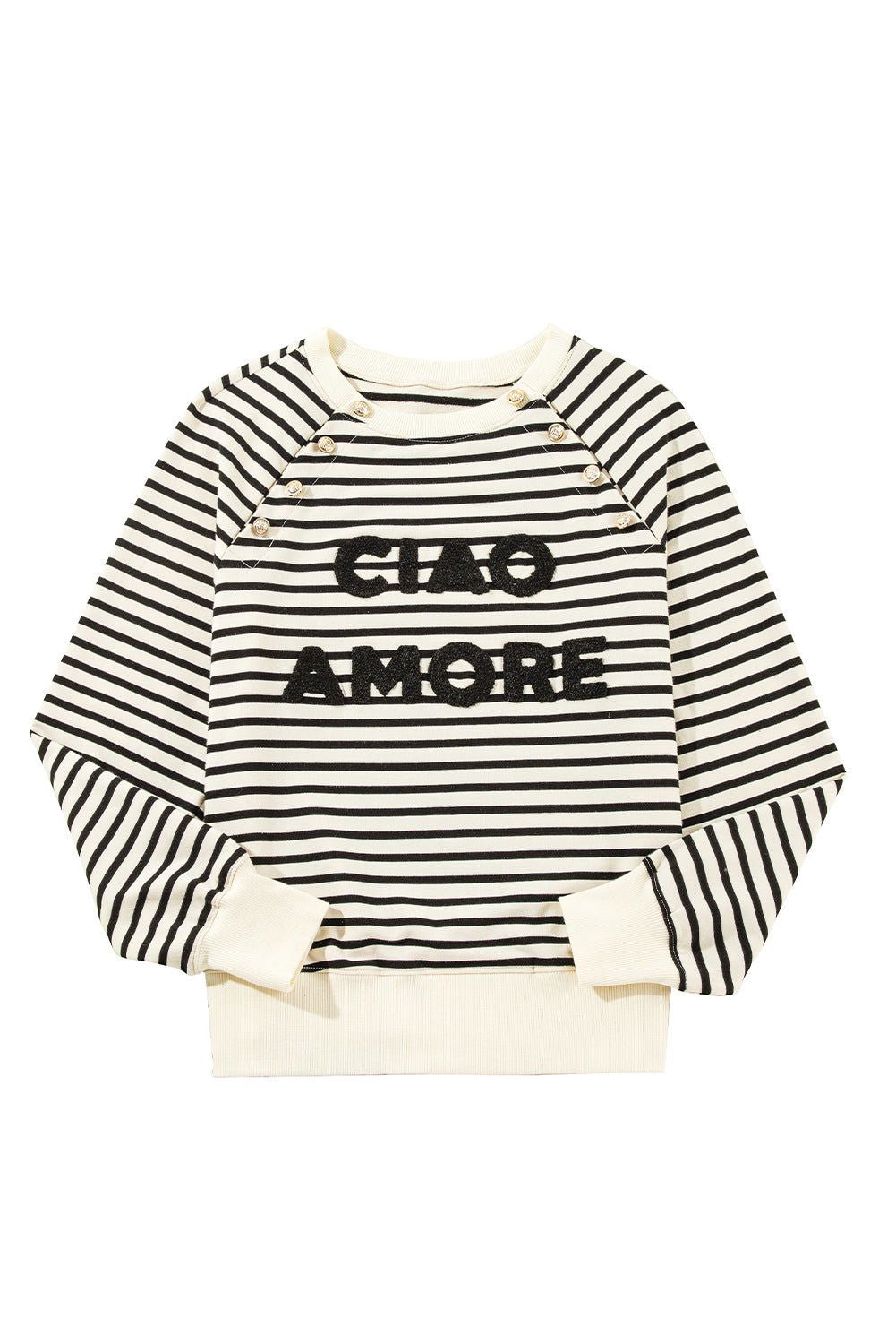 Black Stripe CIAO AMORE Graphic Buttoned Sweatshirt - Vesteeto