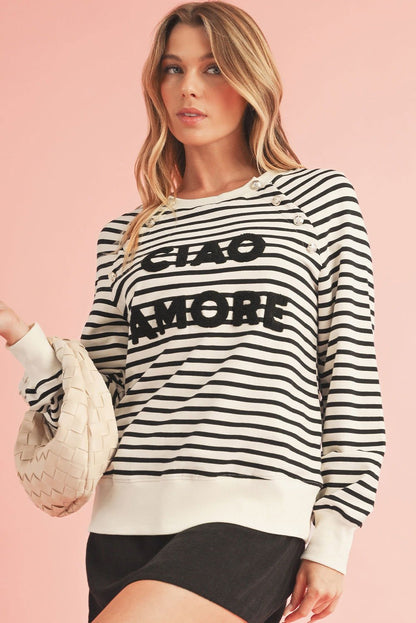 Black Stripe CIAO AMORE Graphic Buttoned Sweatshirt - Vesteeto