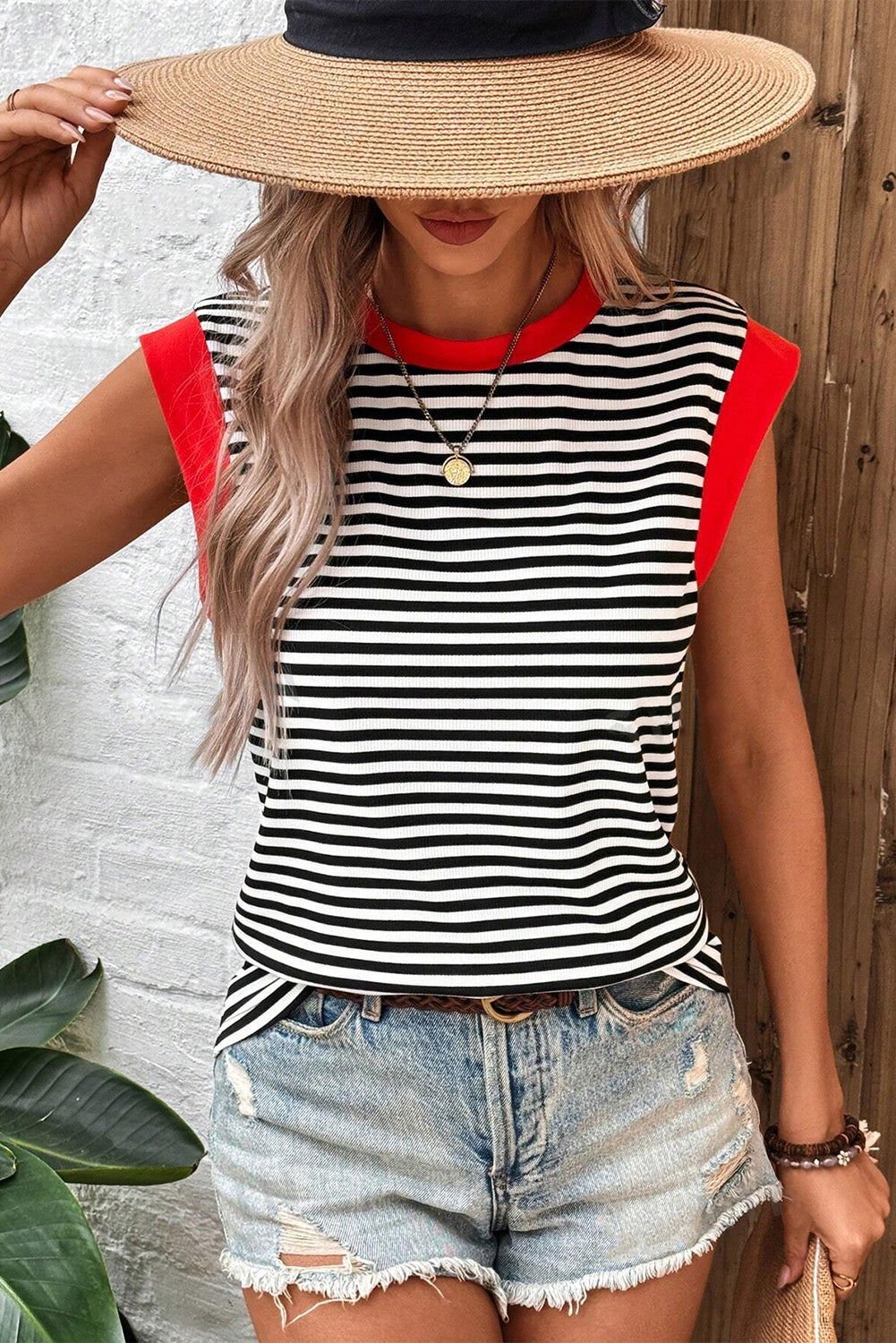 Black Stripe Colorblock Edge Round Neck Sleeveless Top - Vesteeto