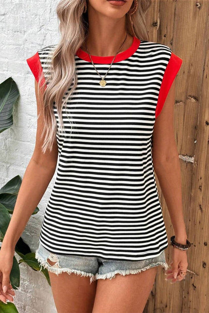 Black Stripe Colorblock Edge Round Neck Sleeveless Top - Vesteeto