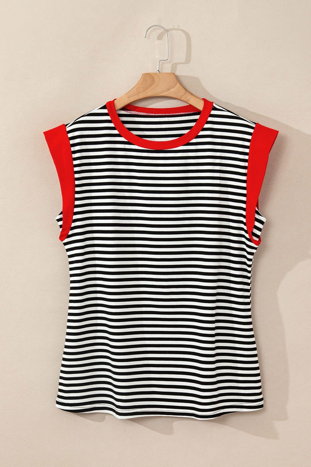 Black Stripe Colorblock Edge Round Neck Sleeveless Top - Vesteeto