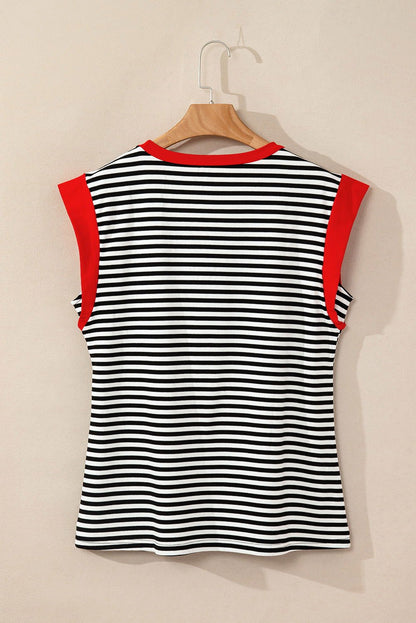 Black Stripe Colorblock Edge Round Neck Sleeveless Top - Vesteeto