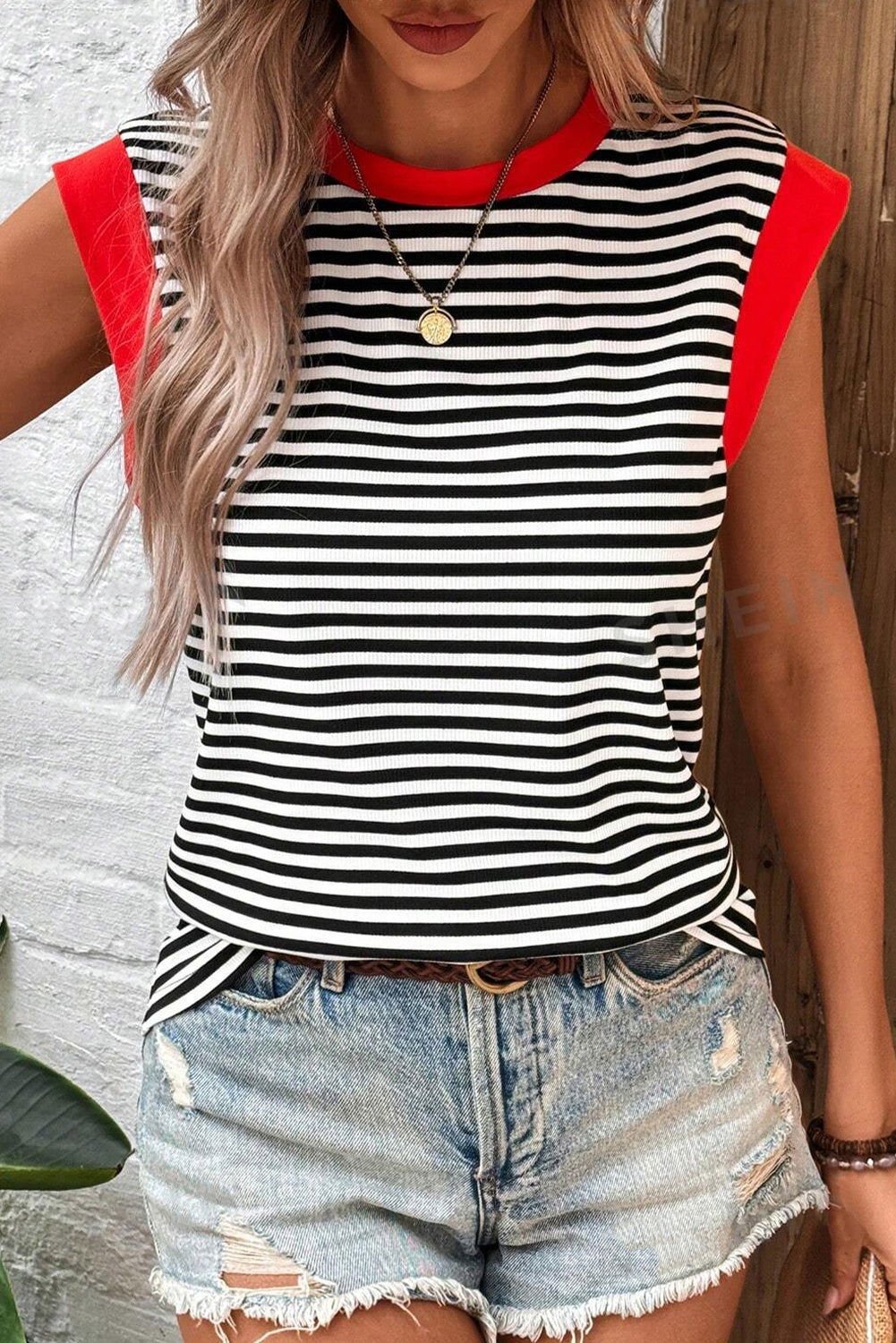 Black Stripe Colorblock Edge Round Neck Sleeveless Top - Vesteeto