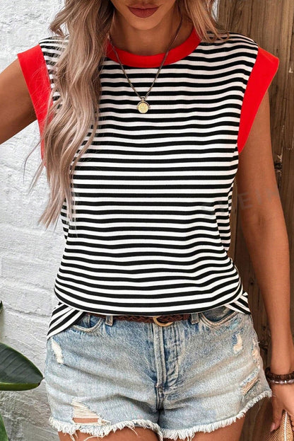 Black Stripe Colorblock Edge Round Neck Sleeveless Top - Vesteeto