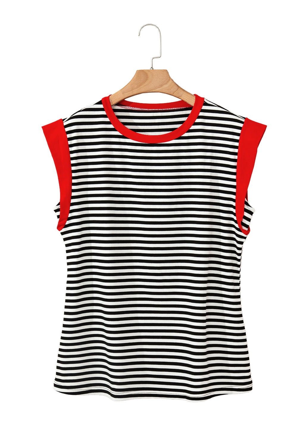 Black Stripe Colorblock Edge Round Neck Sleeveless Top - Vesteeto