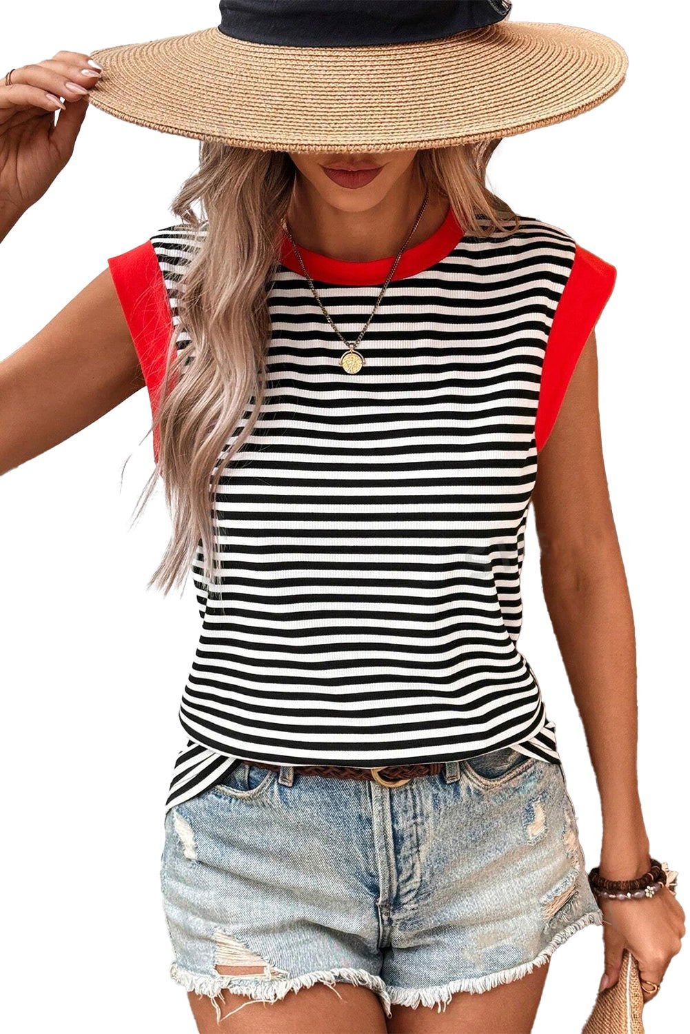 Black Stripe Colorblock Edge Round Neck Sleeveless Top - Vesteeto