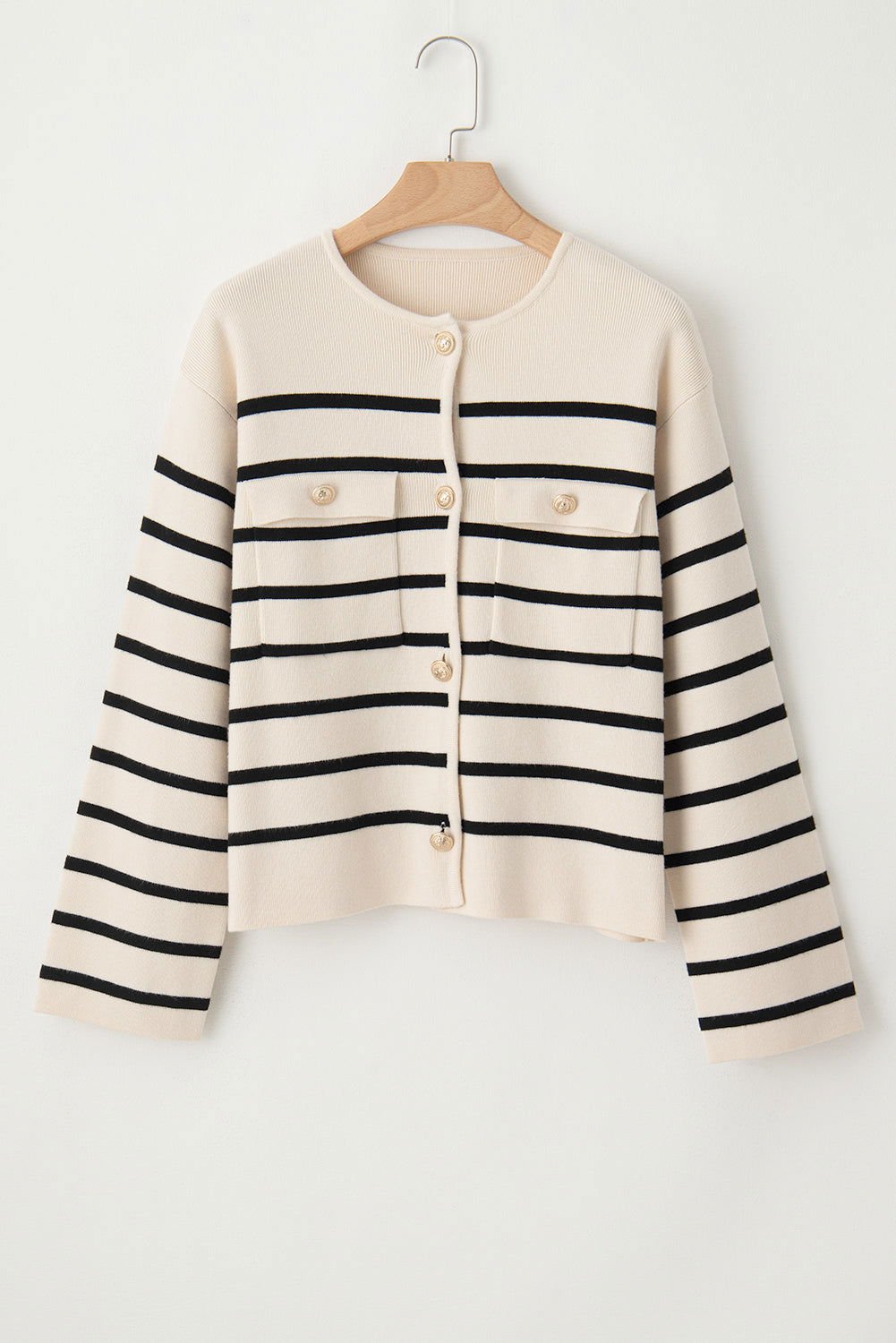 Black Stripe Flap Pocket Button Up Cardigan - Vesteeto