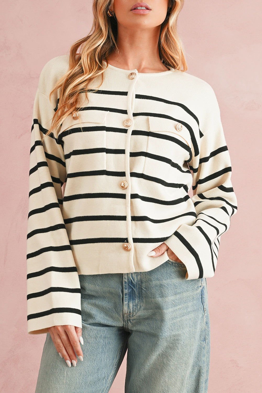 Black Stripe Flap Pocket Button Up Cardigan - Vesteeto