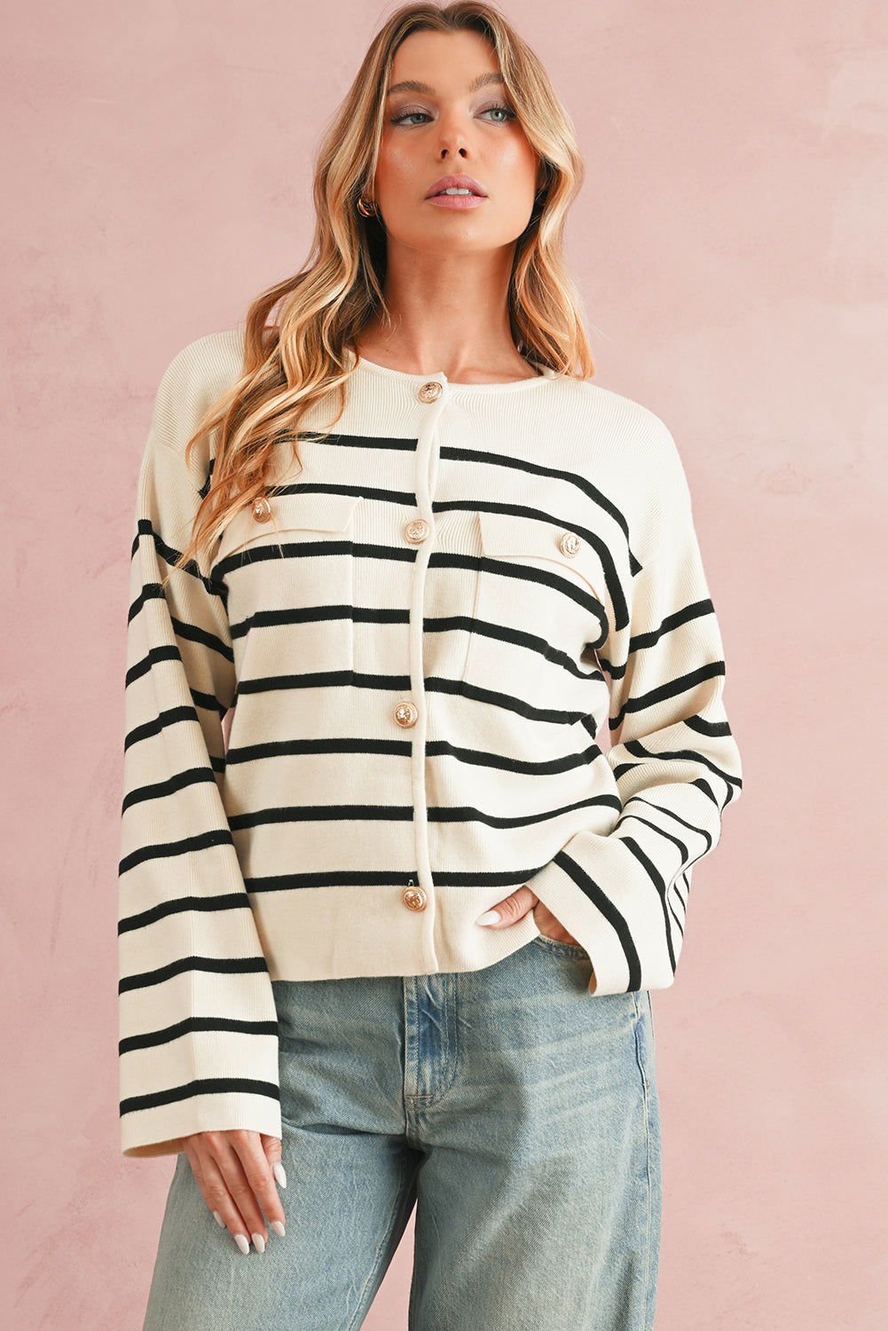 Black Stripe Flap Pocket Button Up Cardigan - Vesteeto