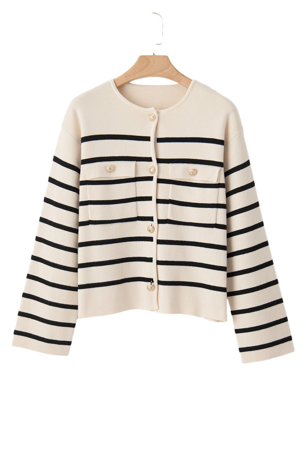 Black Stripe Flap Pocket Button Up Cardigan - Vesteeto