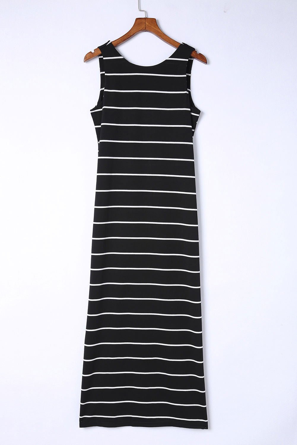 Black Stripe Print Open Back Sleeveless Maxi Dress With Slits - Vesteeto