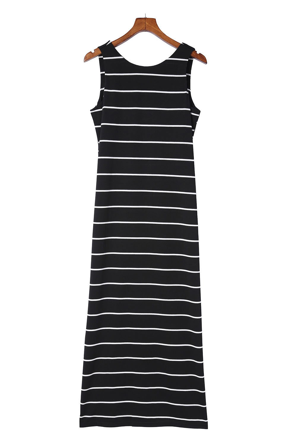 Black Stripe Print Open Back Sleeveless Maxi Dress With Slits - Vesteeto