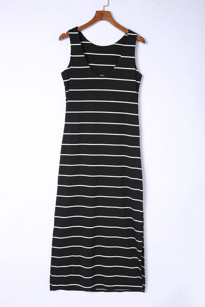 Black Stripe Print Open Back Sleeveless Maxi Dress With Slits - Vesteeto