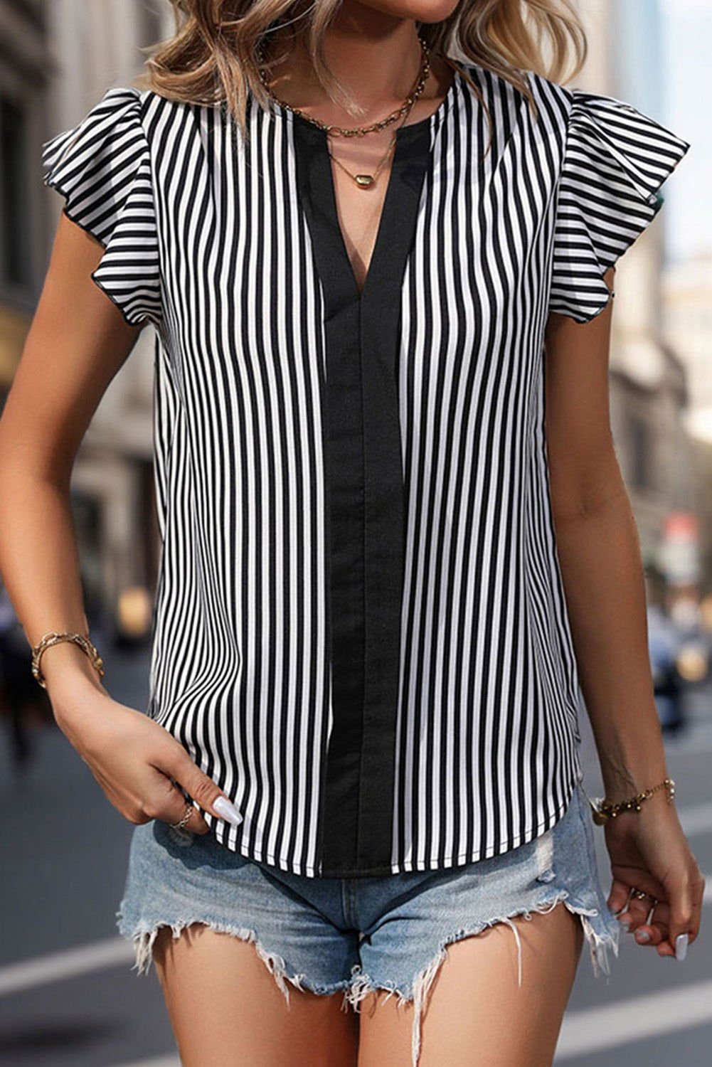 Black Stripe Ruffle Sleeve Notch V Neck Round Hem Blouse - Vesteeto