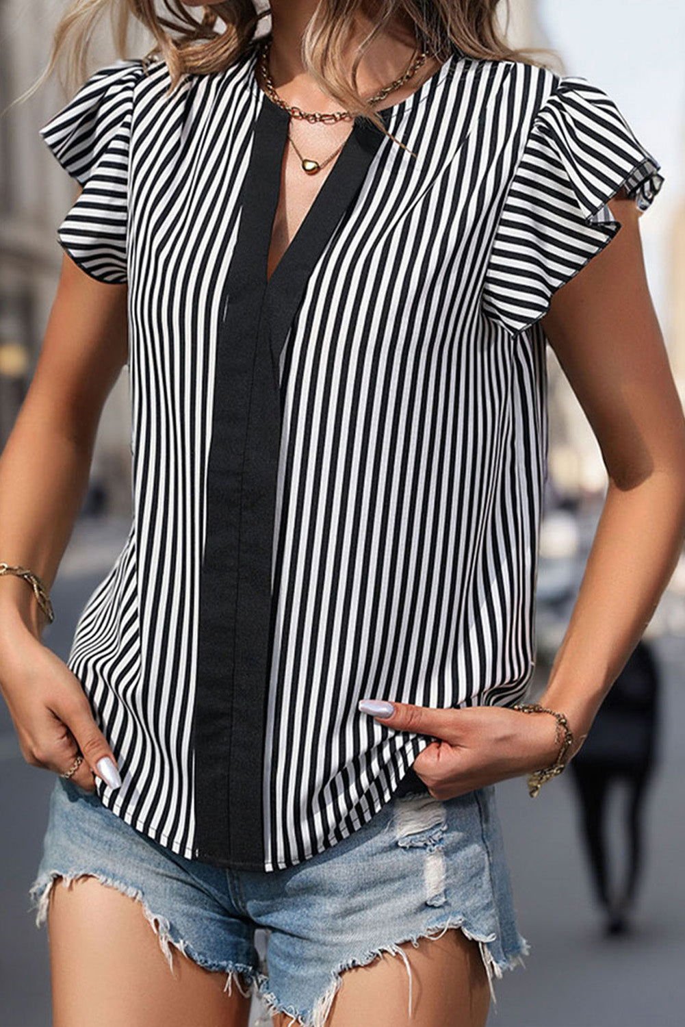 Black Stripe Ruffle Sleeve Notch V Neck Round Hem Blouse - Vesteeto