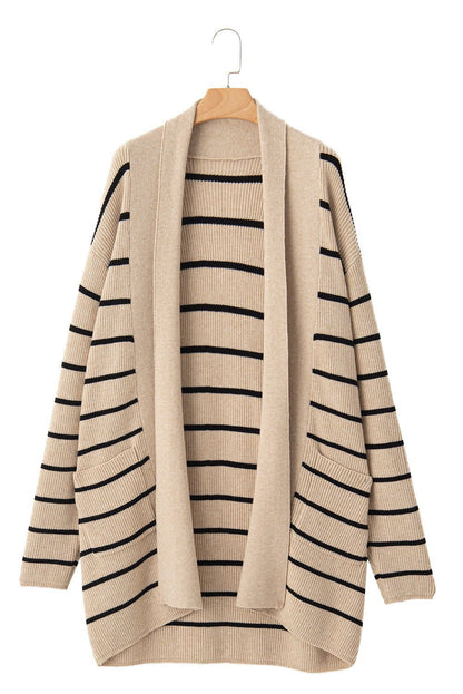 Black Stripe Side Pockets Open Front Cardigan - Vesteeto