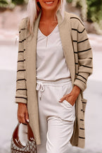 Black Stripe Side Pockets Open Front Cardigan - Vesteeto