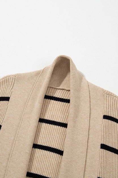 Black Stripe Side Pockets Open Front Cardigan - Vesteeto