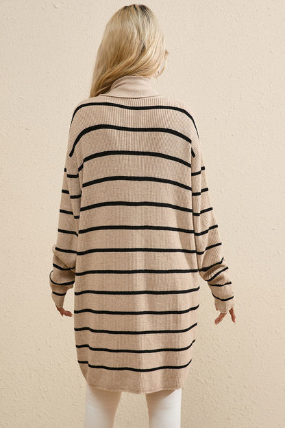 Black Stripe Side Pockets Open Front Cardigan - Vesteeto