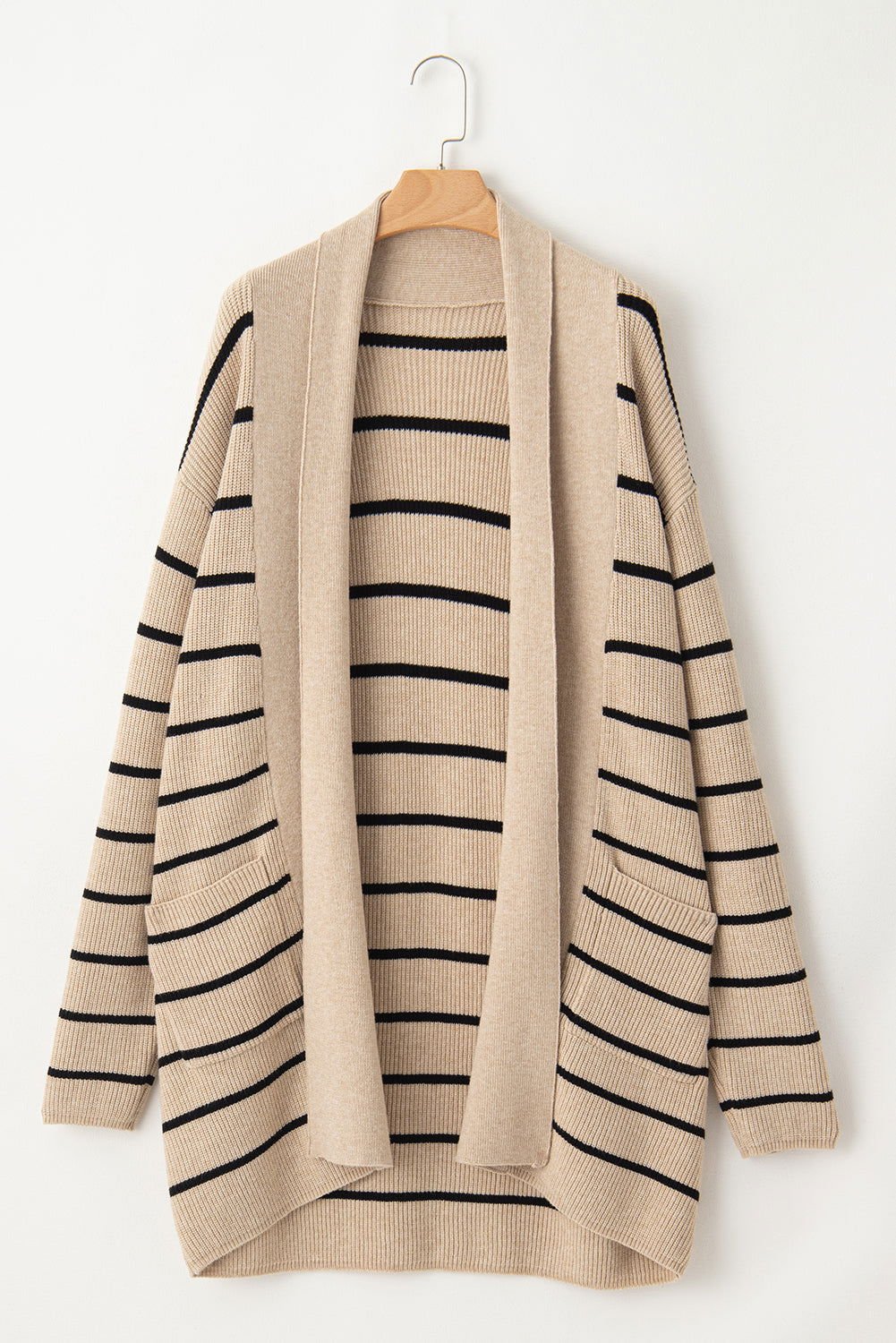 Black Stripe Side Pockets Open Front Cardigan - Vesteeto