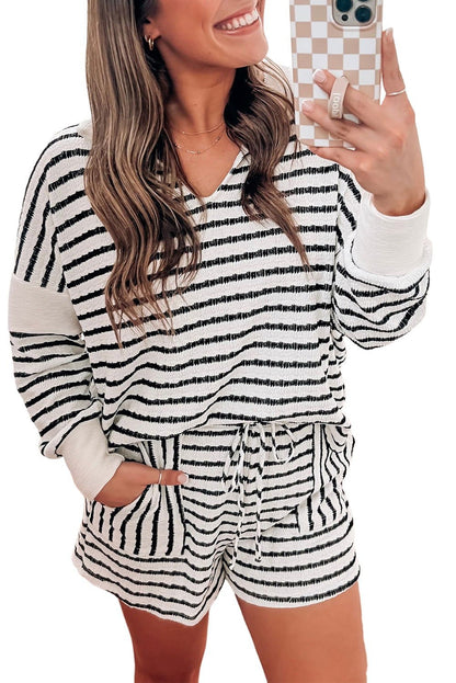 Black Stripe Textured V Neck Long Sleeve Top and Shorts Plus Size Set - Vesteeto