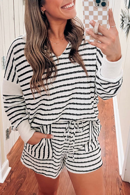 Black Stripe Textured V Neck Long Sleeve Top and Shorts Plus Size Set - Vesteeto