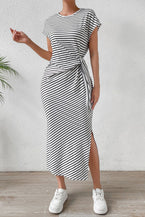 Black Stripe Waist Slimming Slit Midi Dress - Vesteeto